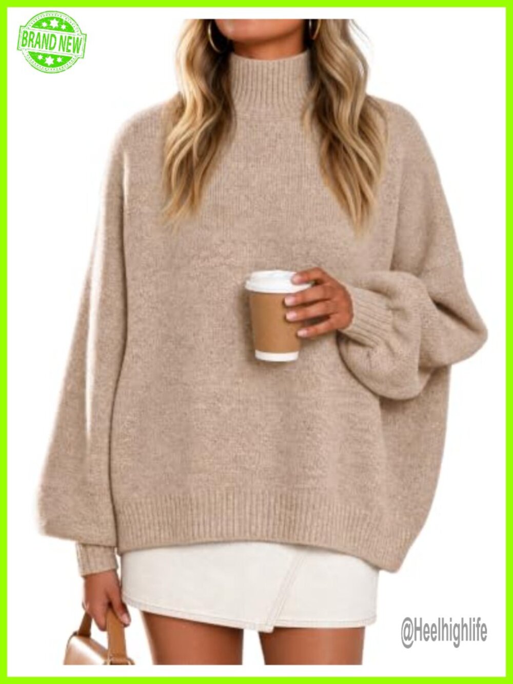 Womens Turtleneck Oversized Sweater Fuzzy Knit Batwing Sleeve Pullover
